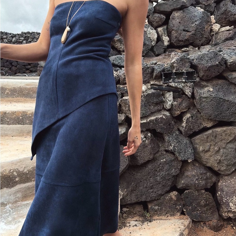 Strapless Navy Blue Asymmetric Hem Top: Faux Suede